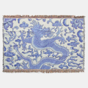Manta Flor de dragón oriental azul y blanco chino