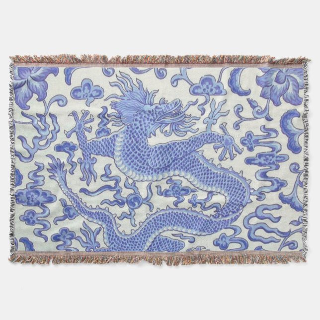 Manta Flor de dragón oriental azul y blanco chino (Anverso)