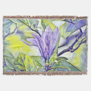 Manta Flor morada de magnolia acuarela fondo verde
