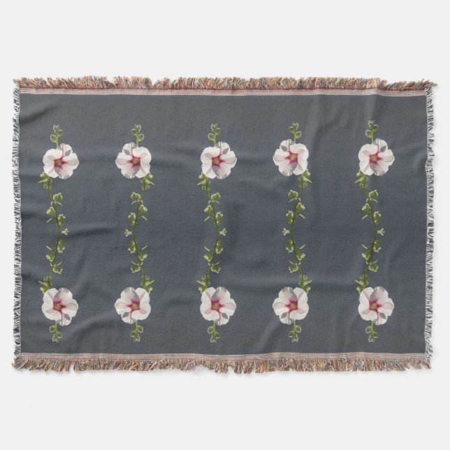 Manta Flor rosa Mallow hojas verdes sobre gris oscuro (Anverso)