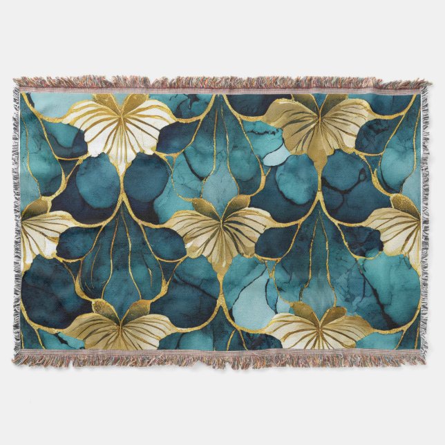 Manta Floral Japonés Verde Azul Dorado  (Anverso)