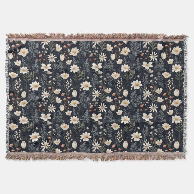 Manta Floral negra con beige y naranja (Anverso)