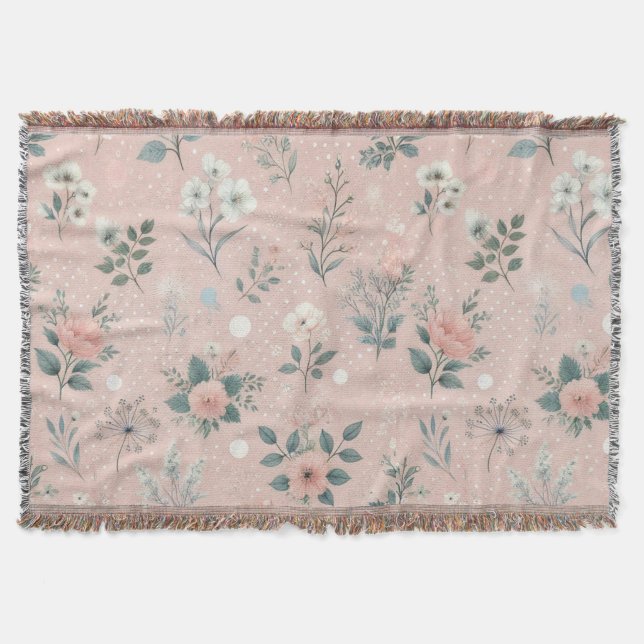 Manta Floral rosa rústica con flores blancas y vegetació (Anverso)