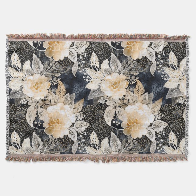 Manta Floral salvaje de leopardo negro crema (Anverso)