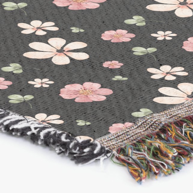 Manta Flores acuarelas de algodón patrón negro (Esquina)