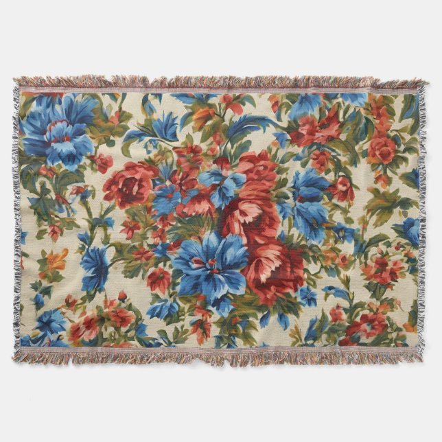 Manta Flores azules y rojas exuberantes italianas con ho (Anverso)