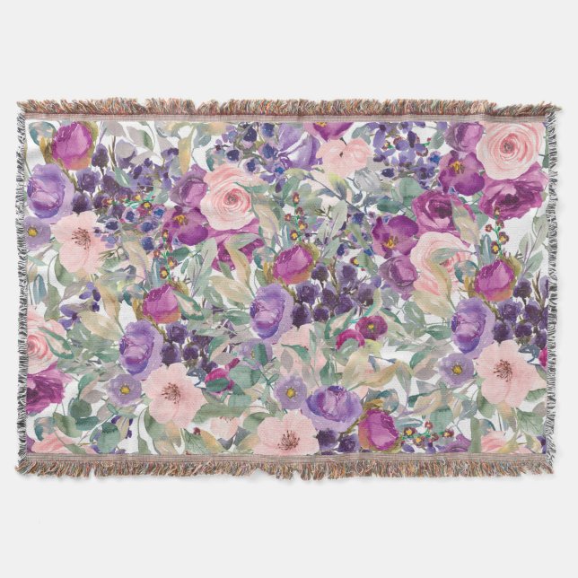 Manta Flores Boho Verde Salvia Rosa Púrpura  (Anverso)