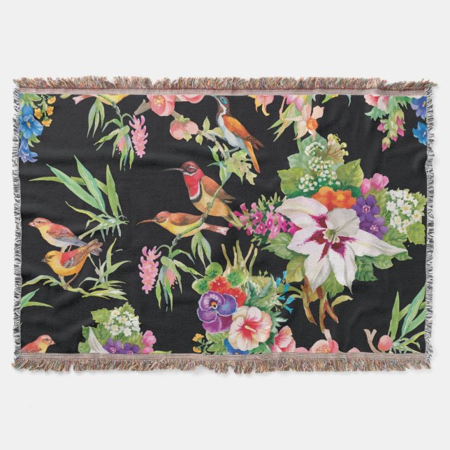 Manta Flores de aves silvestres: Vintage negro (Anverso)