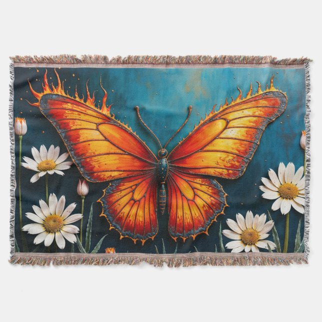 Manta Flores de camomila de mariposa de insectos naranja (Anverso)