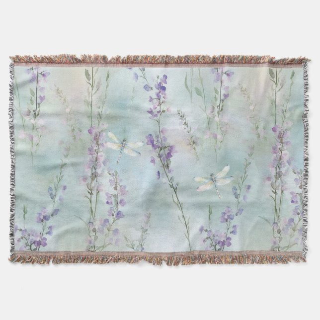 Manta Flores de lavanda románticas y bonitas libélulas (Anverso)