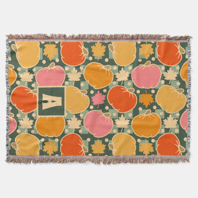 Manta Flores de otoño y calabazas Boho Green Plaid (Anverso)