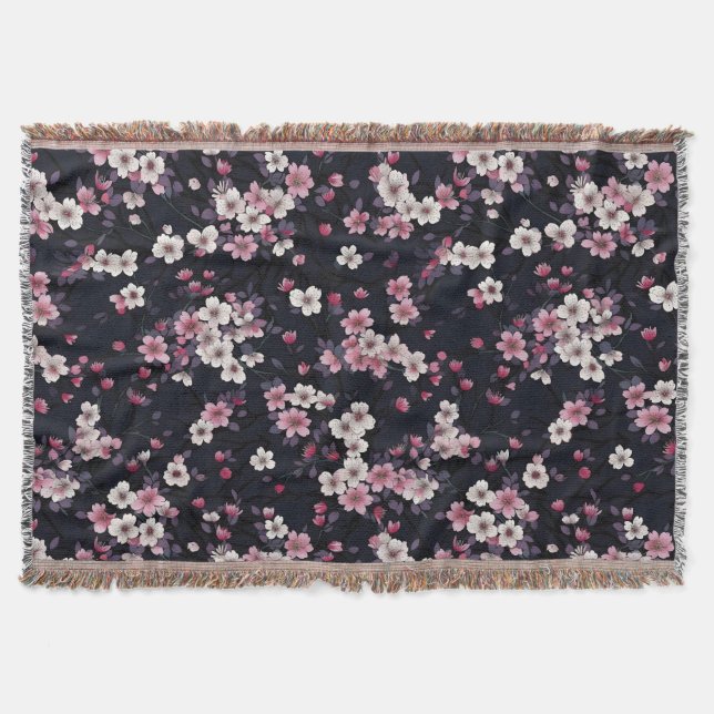 Manta Flores de Sakura rosada negra, diseño de patrones, (Anverso)