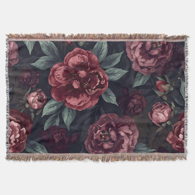 Manta Flores Malhumoradas Patrón Acuarela Rojo Oscuro (Anverso)