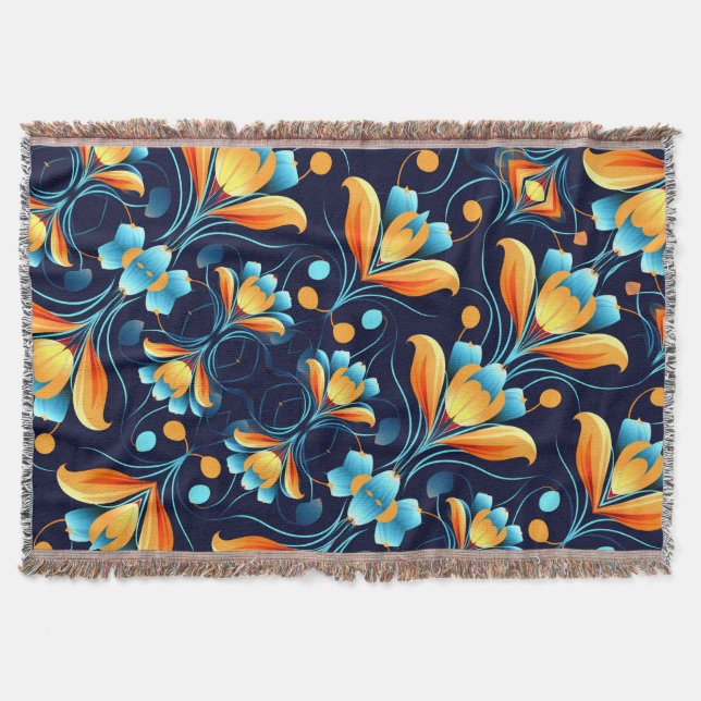 Manta flores naranjas azules Art Deco (Anverso)