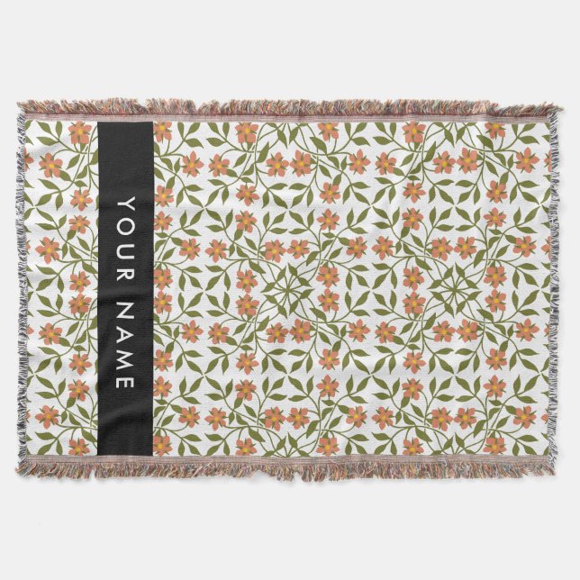 Manta Flores Naranjas, Patrón Floral, Boho, Tu Nombre (Anverso)