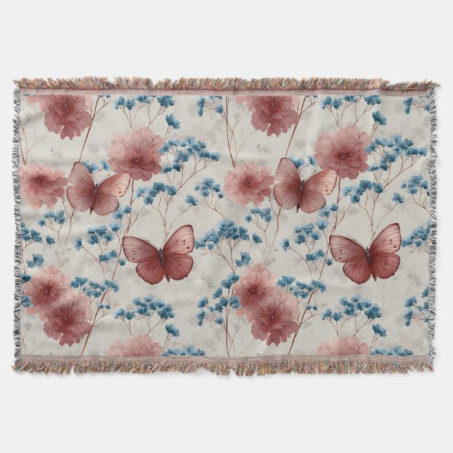 Manta Flores primaverales vintage y mariposas rosadas (Anverso)