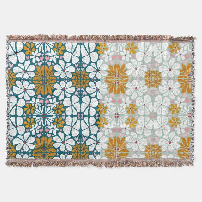 Manta Flores retro verde groovy años 70 Throw Blanket (Anverso)