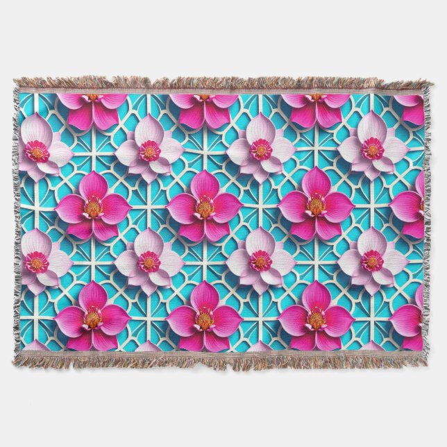 Manta Flores rosadas sobre un fondo azul geométrico (Anverso)