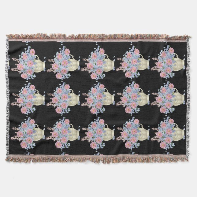 Manta flores rosas y azules con fondo negro (Anverso)