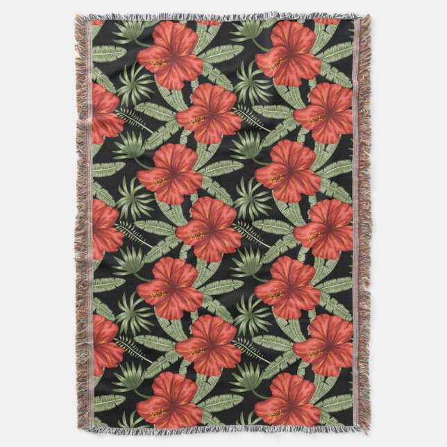 Manta Flores tropicales rojas patrón de hojas verdes sin (Frente vertical)