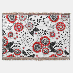 Manta Flores y hojas de perro en rojo y negro