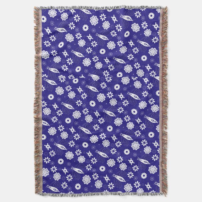 Manta Flores y mariposas patrón azul y blanco (Frente vertical)