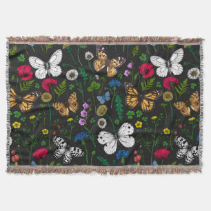 Manta Flores y mariposas silvestres en negro
