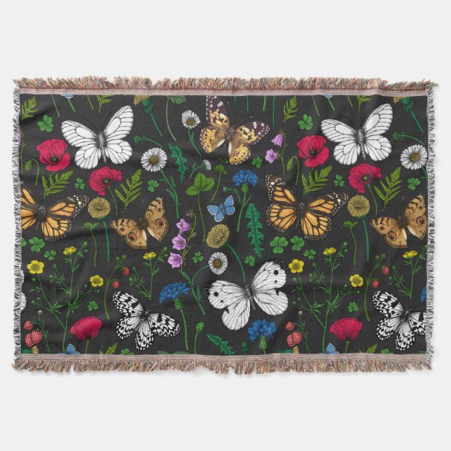 Manta Flores y mariposas silvestres en negro (Anverso)