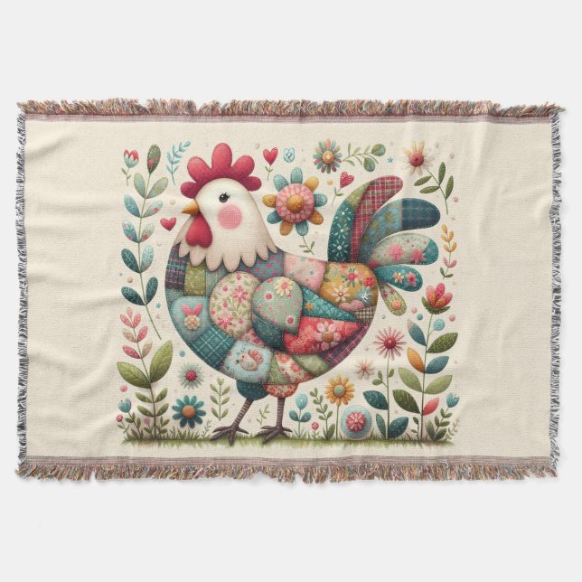 Manta Folk Patchwork Rooster with Floral Accents (Anverso)