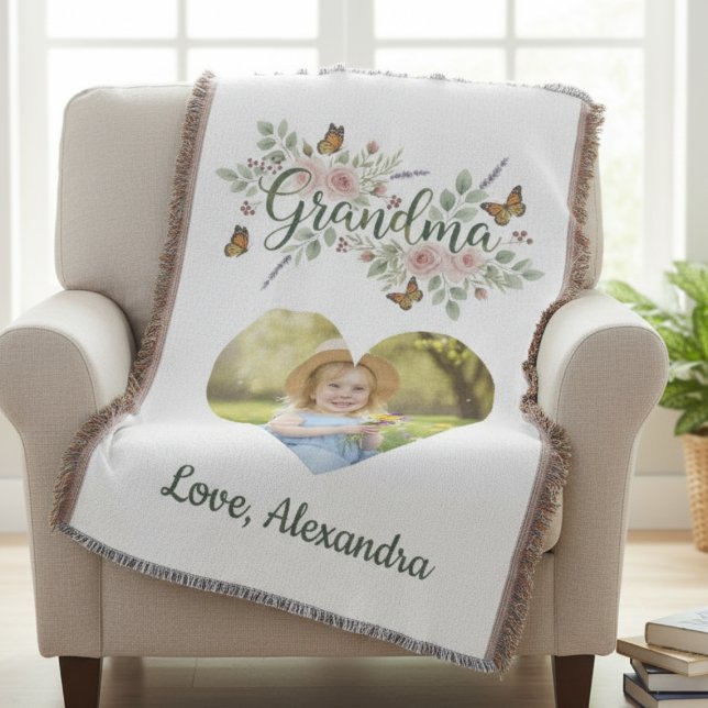 Manta Foto Botánica del Corazón de la Abuela Wildflower (Floral butterfly photo heart for grandma — a sweet birthday gift idea from the grandkids)