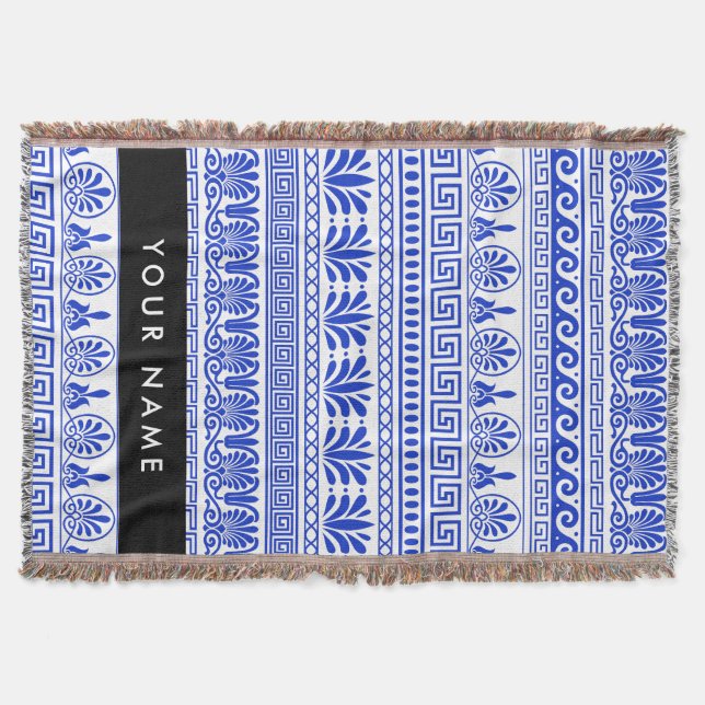 Manta Fret griego, llave de meandro mixta, azul, tu nomb (Anverso)