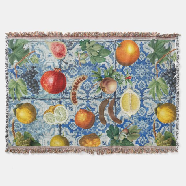 Manta Fruta mediterránea de verano y mosaico blanco azul (Anverso)