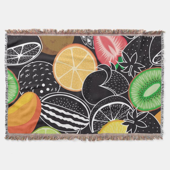 Manta Frutas tropicales coloridas, fondo negro. (Anverso)