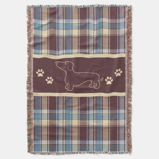 Manta Funda Dachshund Blue/Maroon Plaid Throw Blanket (Frente vertical)
