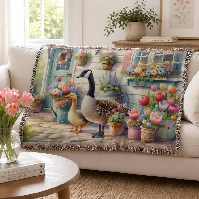 Manta Gansos de Jardín de Cabaña Ilustración de Primaver (Cottage Garden Geese Spring Illustration Throw Blanket)