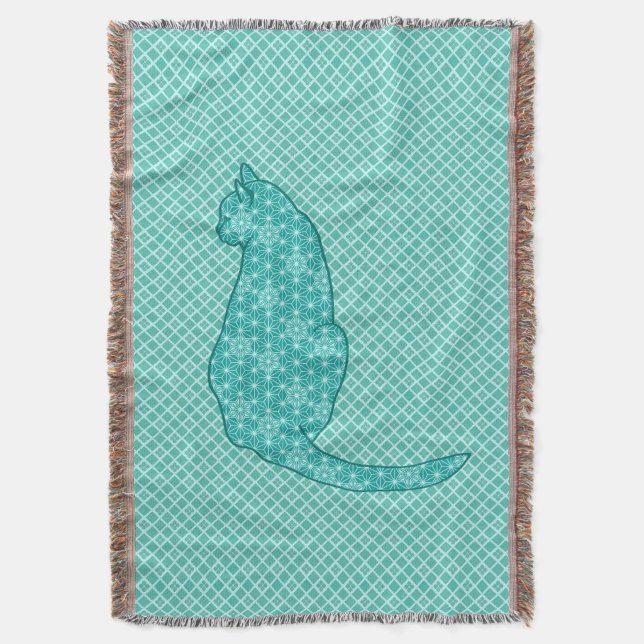 Manta Gato Japonés - Estampado de Kimono Turquesa (Frente vertical)