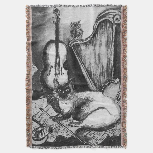 Manta GATO MUSICAL, OWL,VIOLIN,HARP Black White Gray Mus (Frente vertical)