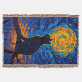 Manta Gato negro al estilo de Van Gogh mirando la luna