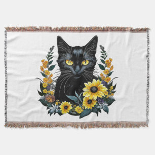 Manta gato negro con flores