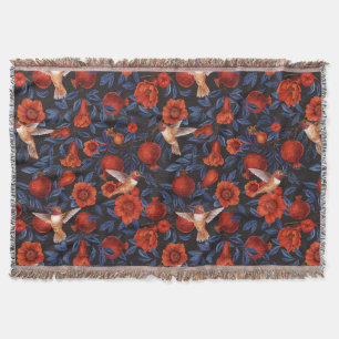 Manta Granadas y colibríes/hojas azules en negro