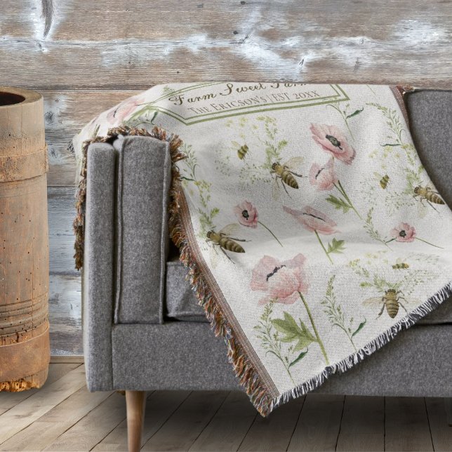 Manta Granja dulce Granja Familia Nombre amapola, flores (Customizable "Farm Sweet Farm" throw blanket with family name and year | Rustic farmhouse decor)