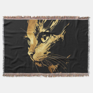 Manta Graphique Élégant Chat Noir et Or Texturé