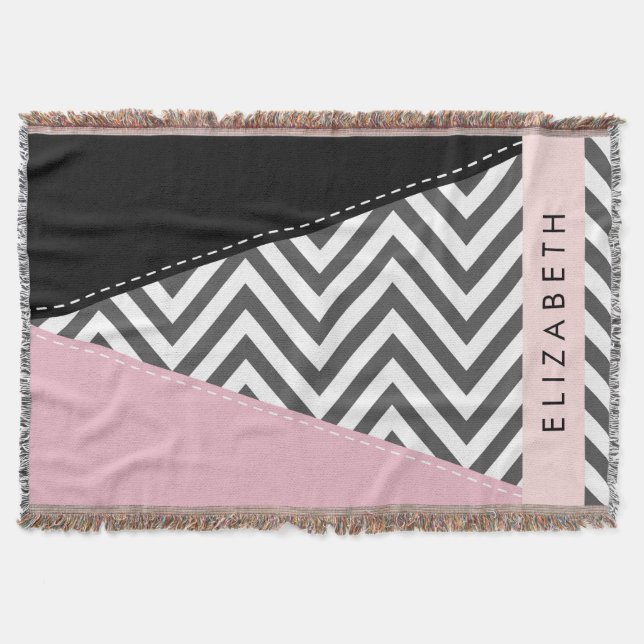 Manta Gray Zigzag, Gray Chevron, Pink, Tu Nombre (Anverso)