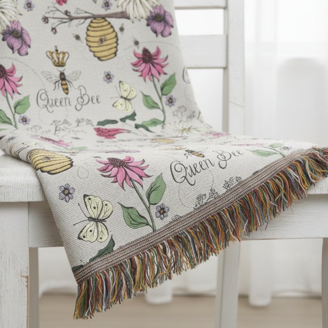 Manta Greige Moderno Floral y Reina Abeja del Día de la  (Elegant Nature Hand Drawn Botanical Bee Blankets. Pretty Queen Bee Wildflower Floral Pattern)