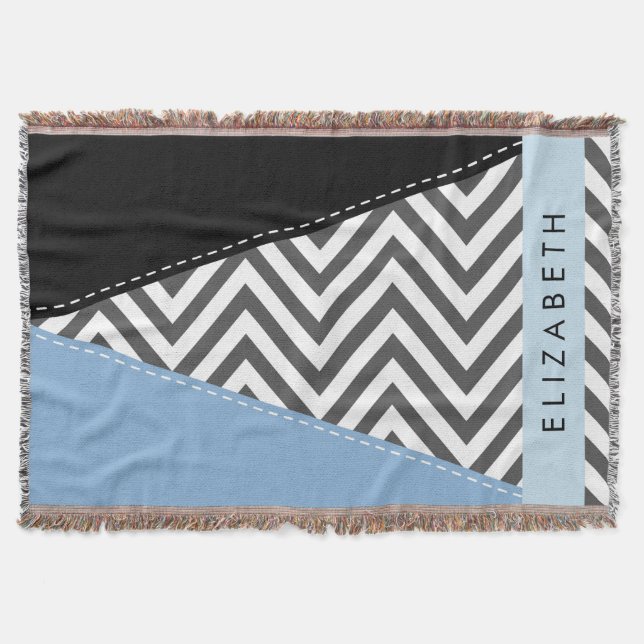 Manta Gris Zigzag, Gris Chevron, Azul, Tu Nombre (Anverso)