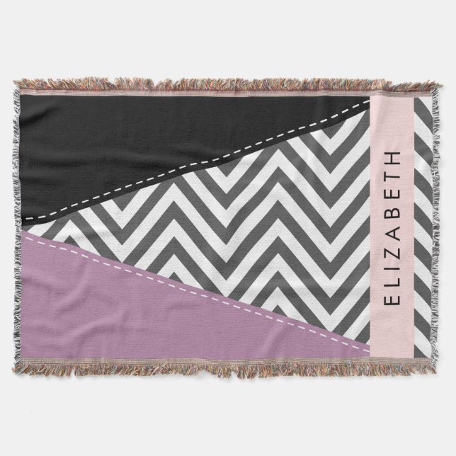 Manta Gris Zigzag, Gris Chevron, Púrpura, Tu Nombre (Anverso)