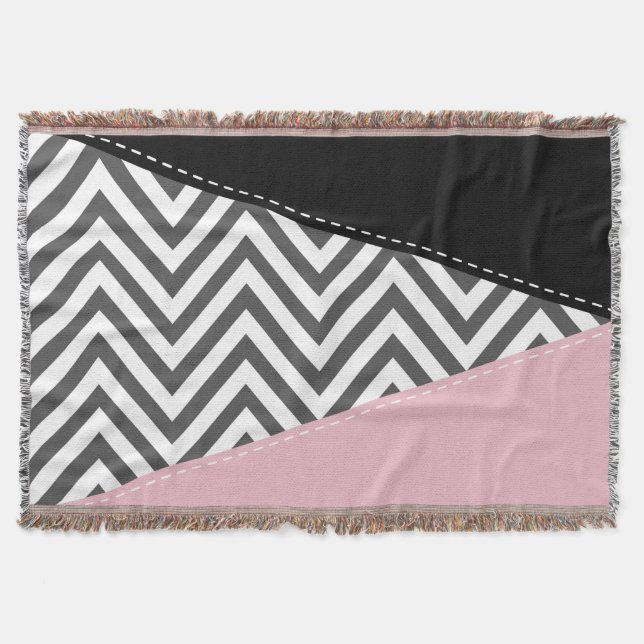 Manta Gris Zigzag, Gris Chevron, Zigzag Pattern, Rosa (Anverso)