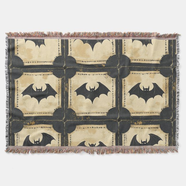 Manta Grunge Denim Halloween Patchwork with Bats (2) (Anverso)