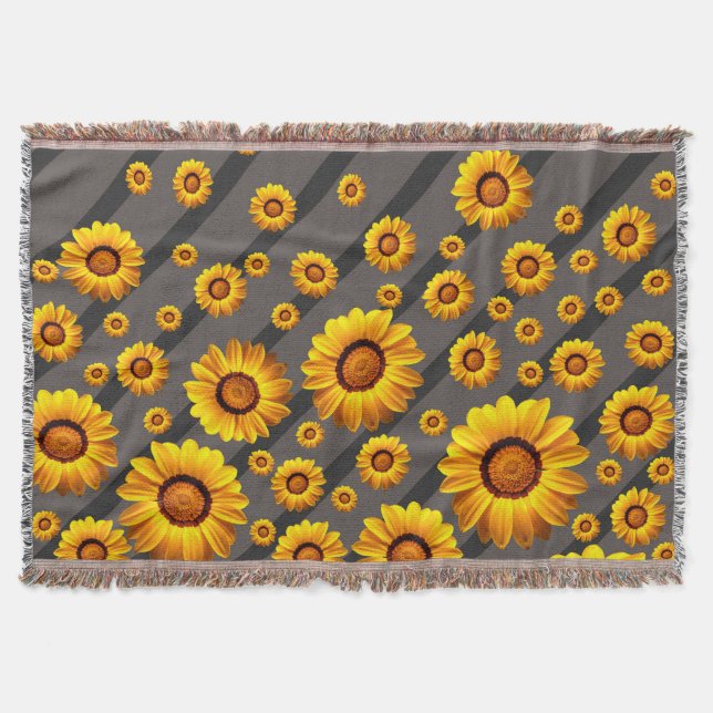Manta Hermosas flores amarillas sobre rayas grises y neg (Anverso)