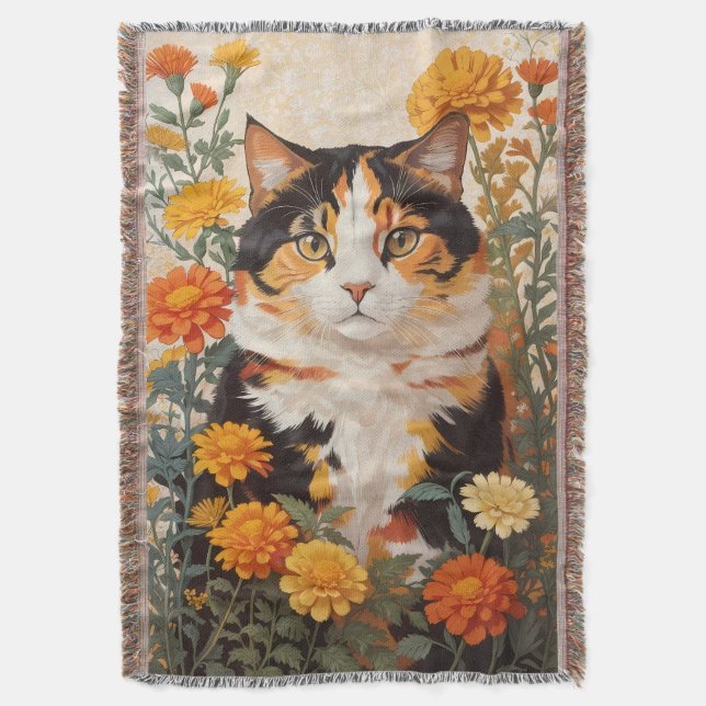 Manta Hermoso Gato Calico Con Flores Marigold (Frente vertical)